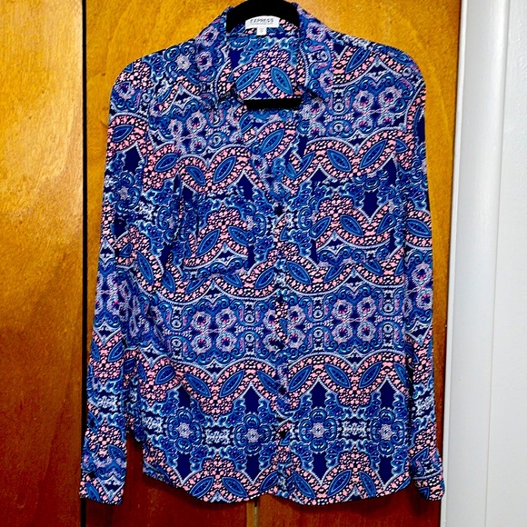 Express Women’s Portofino Paisley Business Dressy Button Down Long Sleeve Shirt - Picture 1 of 3